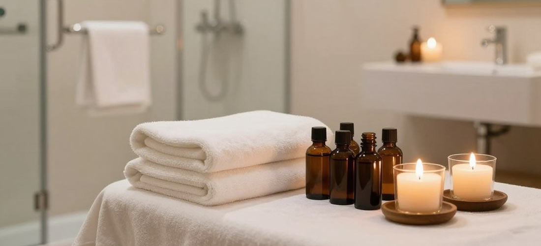 B2B massage session setup showing shower facilities and massage preparation