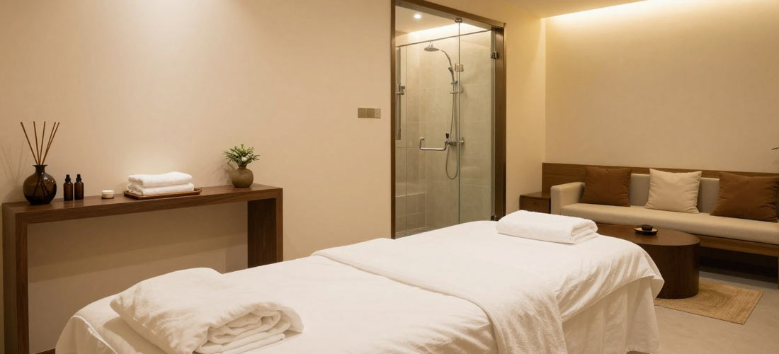 Luxury B2B massage room in Ipoh showing amenities and room provided