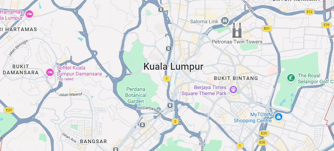 Map view of Kuala Lumpur showing B2B massage service coverage areas including KLCC and Bukit Bintang