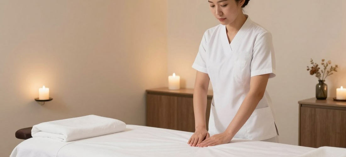 Professional B2B massage therapist preparing massage room in Kuala Lumpur