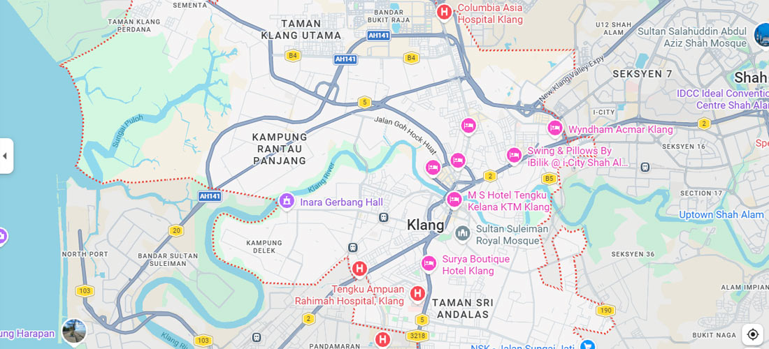 Klang massage service coverage map showing Port Klang and Bukit Tinggi areas