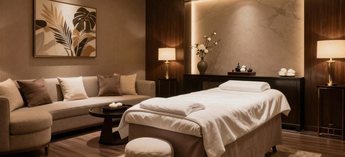 Premium massage room with luxury amenities and sophisticated decor
