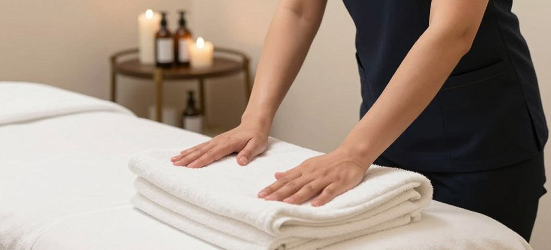 Professional massage therapist preparing treatment room for client