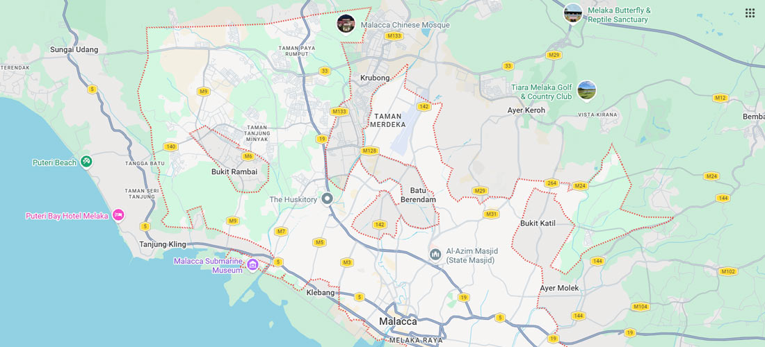 Map showing b2b massage service coverage areas across Melaka
