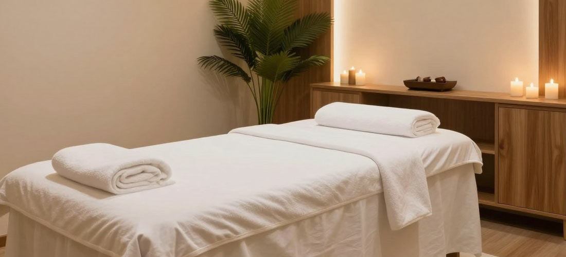 Professional B2B massage room in Penang with ambient lighting and massage table