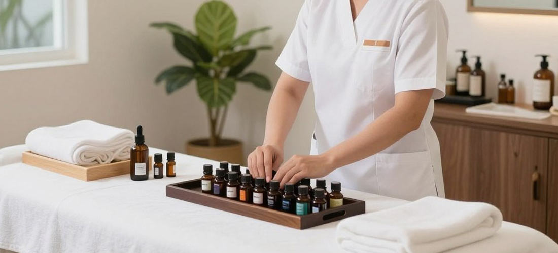 Professional massage therapist in Penang preparing aromatherapy oils