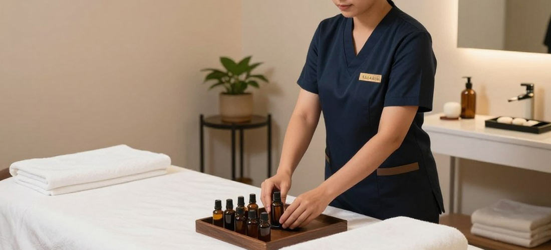 Professional massage therapist preparing oils and towels for B2B massage session in Petaling Jaya