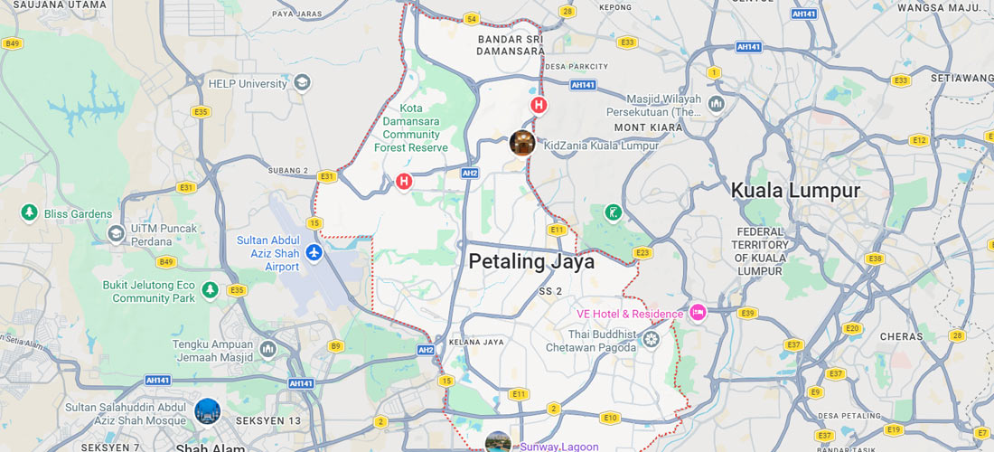 Map showing B2B massage service coverage areas in Petaling Jaya