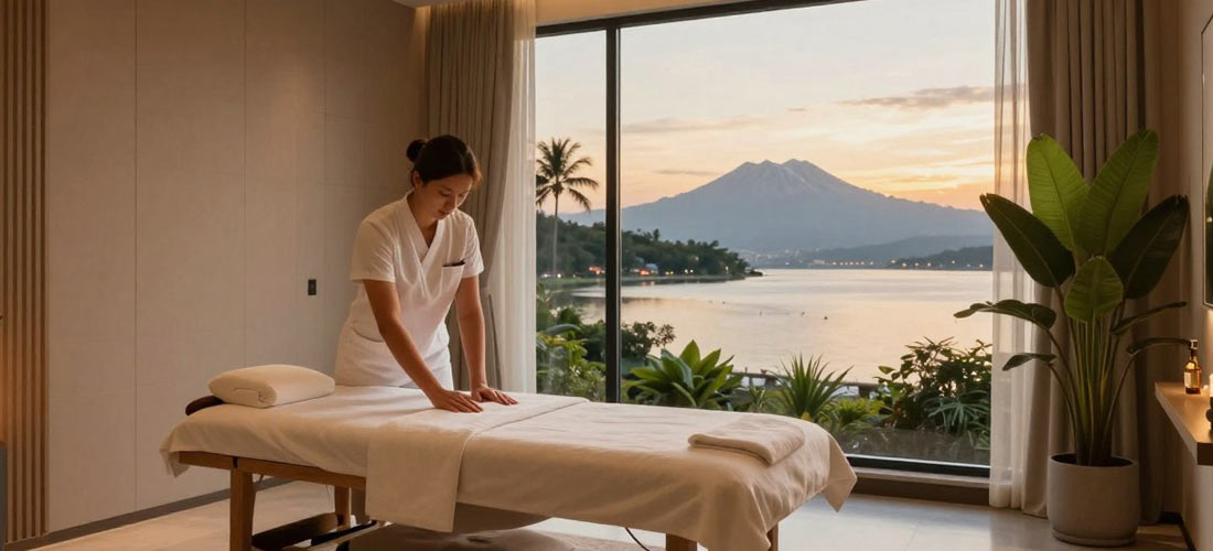 Serene massage therapy room overlooking Kota Kinabalu waterfront at sunset with Mount Kinabalu in background