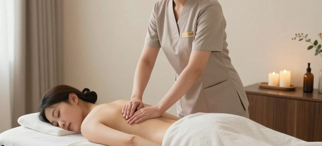 Professional therapist demonstrating B2B massage technique in a clean, modern spa environment