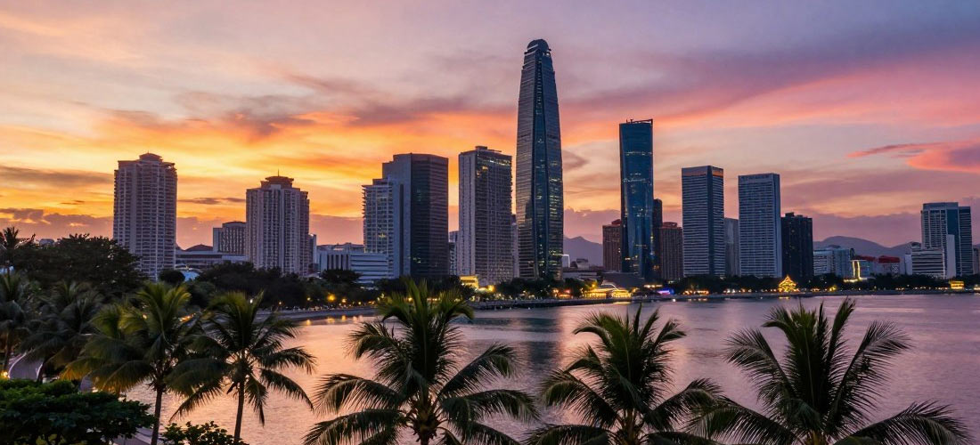 Kota Kinabalu city skyline with waterfront and sunset