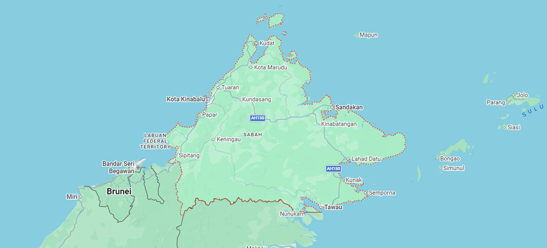 Map of Sabah showing massage service coverage areas including Kota Kinabalu, Sandakan, and Tawau