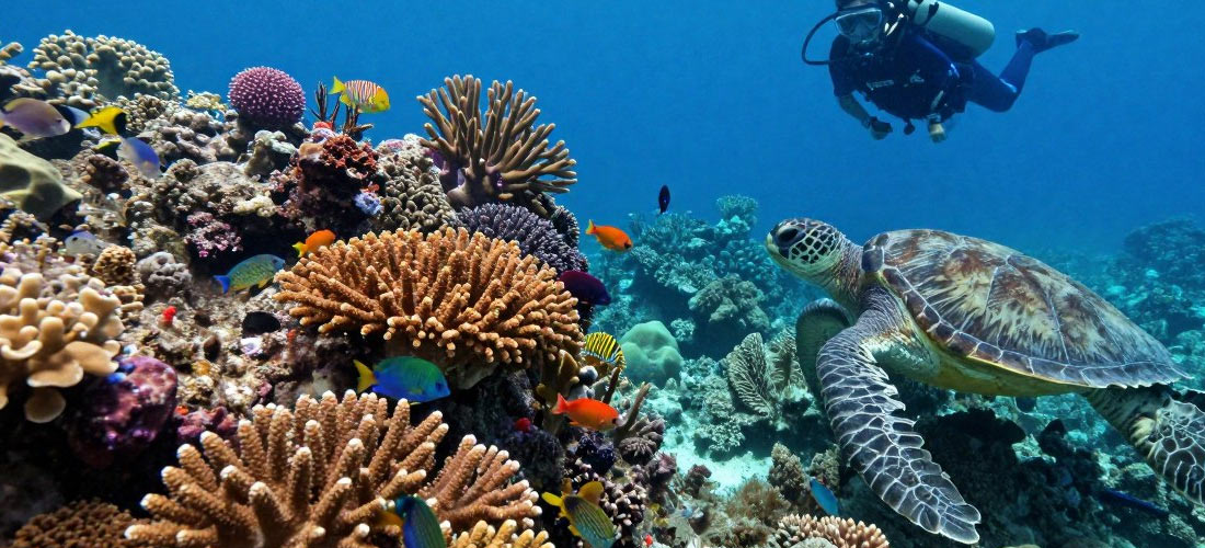 Underwater scene at Sipadan Island showing coral reef and marine life
