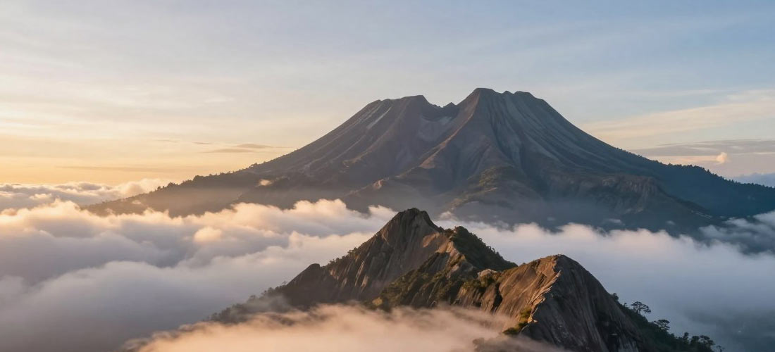 Mount Kinabalu rising above morning clouds with sunrise