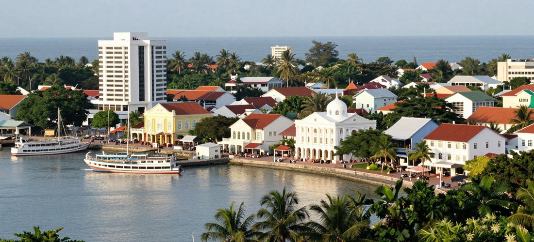 Sandakan waterfront and town center showing hotel locations