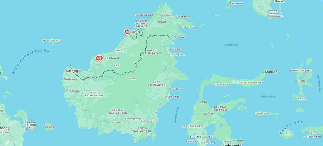 Sarawak Malaysia map showing b2b massage service coverage in Kuching Miri Sibu